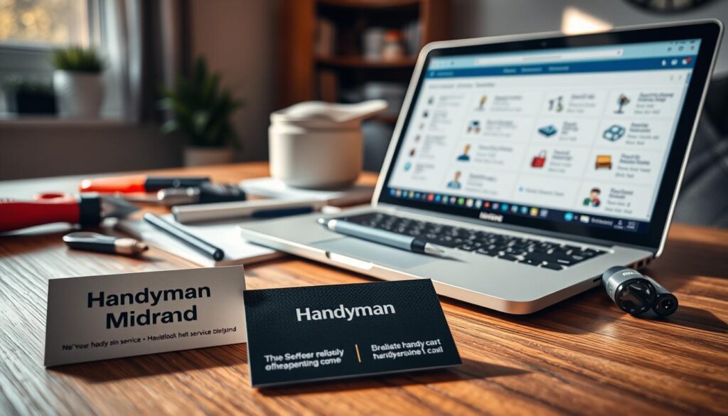 A well-organized services directory spread across a wooden table, featuring various handyman-related items like tools, business cards, and a laptop displaying a digital directory interface. In the foreground, focus on a close-up of a professional business card labeled "Handyman Midrand." In the middle, a slightly opened laptop shows an online services directory listing with neatly organized categories and icons, while a notepad and pen are beside it, suggesting active work. The background depicts a cozy home office setting with soft, warm lighting filtering through a nearby window, casting gentle shadows. The overall mood is professional yet inviting, emphasizing reliable handyman services available in the Midrand area. A well-organized services directory spread across a wooden table, featuring various handyman-related items like tools, business cards, and a laptop displaying a digital directory interface. In the foreground, focus on a close-up of a professional business card labeled "Handyman Midrand." In the middle, a slightly opened laptop shows an online services directory listing with neatly organized categories and icons, while a notepad and pen are beside it, suggesting active work. The background depicts a cozy home office setting with soft, warm lighting filtering through a nearby window, casting gentle shadows. The overall mood is professional yet inviting, emphasizing reliable handyman services available in the Midrand area.