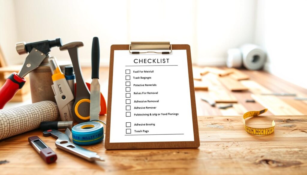 A well-organized tools checklist for flooring removal, prominently displayed on a wooden workbench. In the foreground, various tools like a pry bar, hammer, utility knife, and measuring tape are neatly arranged beside a roll of protective flooring material. The middle ground features a clipboard with checkboxes, detailing essential materials like trash bags and adhesive remover. In the background, a clean, well-lit room shows a portion of old flooring being pulled up, bright natural light streaming in through a window, creating a professional and inviting atmosphere. The focus is sharp, capturing clear details of the tools and checklist items, conveying a mood of efficiency and readiness for the job. A well-organized tools checklist for flooring removal, prominently displayed on a wooden workbench. In the foreground, various tools like a pry bar, hammer, utility knife, and measuring tape are neatly arranged beside a roll of protective flooring material. The middle ground features a clipboard with checkboxes, detailing essential materials like trash bags and adhesive remover. In the background, a clean, well-lit room shows a portion of old flooring being pulled up, bright natural light streaming in through a window, creating a professional and inviting atmosphere. The focus is sharp, capturing clear details of the tools and checklist items, conveying a mood of efficiency and readiness for the job.