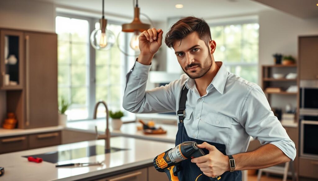 A well-organized workshop scene showcasing a professional handyman at work, focusing on luxury home services in Hyde Park. In the foreground, a skilled handyman in a crisp, clean uniform, equipped with essential tools like a drill, screwdriver, and measuring tape, is diligently repairing a high-end light fixture in a stylish, modern kitchen. The middle ground features a beautifully designed kitchen with sleek cabinetry, polished countertops, and elegant decor, emphasizing sophistication. In the background, large windows allow natural light to filter in, creating a bright and inviting atmosphere. The overall mood is one of professionalism and comfort, exuding a sense of reliability in handyman services tailored for luxury homes. Soft, diffused lighting enhances the quality of the image, capturing the warmth and elegance of the space. A well-organized workshop scene showcasing a professional handyman at work, focusing on luxury home services in Hyde Park. In the foreground, a skilled handyman in a crisp, clean uniform, equipped with essential tools like a drill, screwdriver, and measuring tape, is diligently repairing a high-end light fixture in a stylish, modern kitchen. The middle ground features a beautifully designed kitchen with sleek cabinetry, polished countertops, and elegant decor, emphasizing sophistication. In the background, large windows allow natural light to filter in, creating a bright and inviting atmosphere. The overall mood is one of professionalism and comfort, exuding a sense of reliability in handyman services tailored for luxury homes. Soft, diffused lighting enhances the quality of the image, capturing the warmth and elegance of the space.