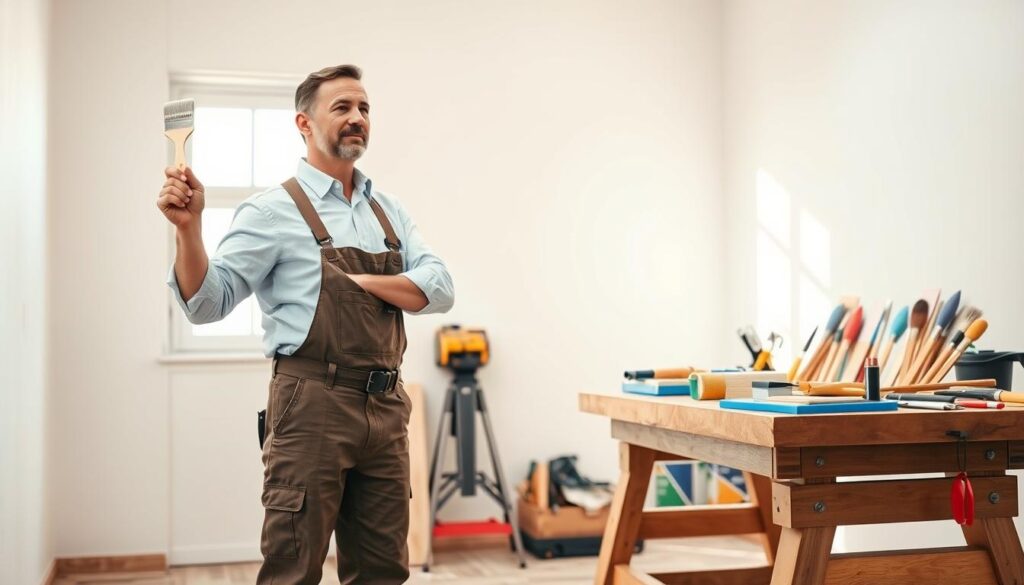 A well-organized workshop scene showcasing a professional handyman at work, painting a freshly renovated room. In the foreground, a middle-aged man dressed in smart work attire, including a clean shirt and sturdy pants, confidently holds a paintbrush poised above a pristine wall. The middle layer reveals an array of tools neatly arranged on a sturdy workbench, along with paint cans and color swatches for a vibrant yet clean aesthetic. In the background, soft natural light streams through a window, illuminating the freshly coated walls in soothing pastel colors, creating a calm and inviting atmosphere. The overall mood exudes professionalism, attention to detail, and a commitment to delivering high-quality painting and finishing services. The image is composed with a balanced composition, capturing the essence of a meticulous handyman service dedicated to perfection. A well-organized workshop scene showcasing a professional handyman at work, painting a freshly renovated room. In the foreground, a middle-aged man dressed in smart work attire, including a clean shirt and sturdy pants, confidently holds a paintbrush poised above a pristine wall. The middle layer reveals an array of tools neatly arranged on a sturdy workbench, along with paint cans and color swatches for a vibrant yet clean aesthetic. In the background, soft natural light streams through a window, illuminating the freshly coated walls in soothing pastel colors, creating a calm and inviting atmosphere. The overall mood exudes professionalism, attention to detail, and a commitment to delivering high-quality painting and finishing services. The image is composed with a balanced composition, capturing the essence of a meticulous handyman service dedicated to perfection.