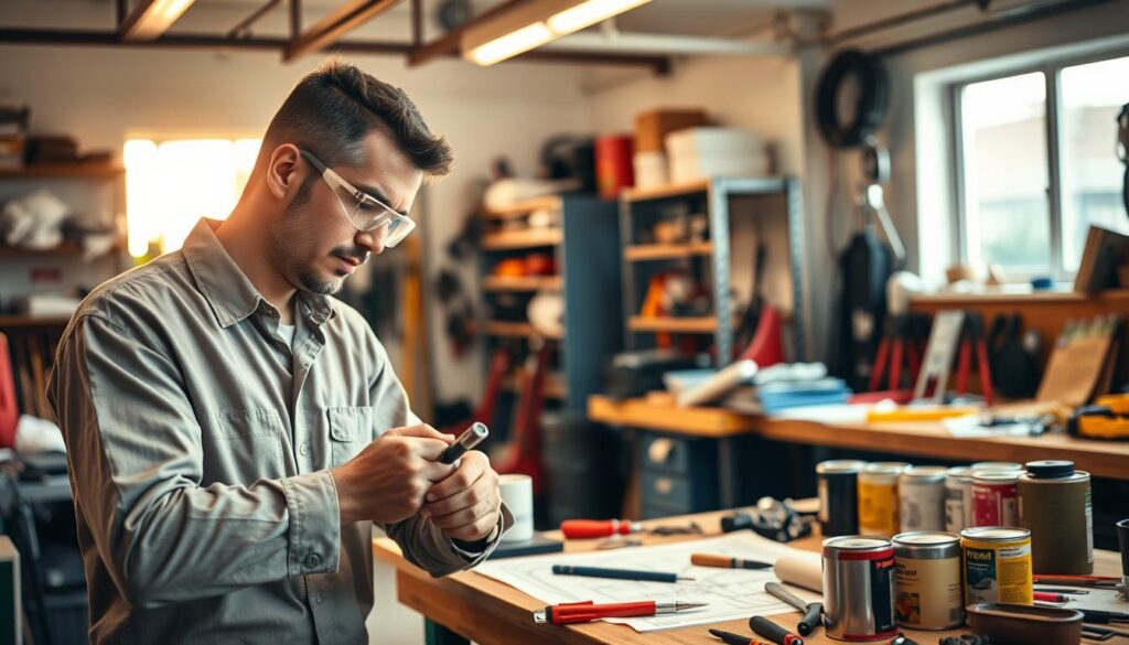 A well-organized workshop scene showcasing reliable repairs and general maintenance. In the foreground, a skilled handyman wearing a neat work shirt and safety goggles diligently repairing a household item, using tools like a screwdriver and pliers. In the middle ground, a workbench cluttered with tools, paint cans, and a blueprint, hinting at various ongoing projects. In the background, a well-lit garage with shelves lined with equipment, showcasing organized storage of maintenance supplies. The lighting is warm and inviting, with sunlight streaming through a window, creating a productive atmosphere. The overall mood reflects professionalism and competence, portraying a reliable handyman service in Johannesburg South. A well-organized workshop scene showcasing reliable repairs and general maintenance. In the foreground, a skilled handyman wearing a neat work shirt and safety goggles diligently repairing a household item, using tools like a screwdriver and pliers. In the middle ground, a workbench cluttered with tools, paint cans, and a blueprint, hinting at various ongoing projects. In the background, a well-lit garage with shelves lined with equipment, showcasing organized storage of maintenance supplies. The lighting is warm and inviting, with sunlight streaming through a window, creating a productive atmosphere. The overall mood reflects professionalism and competence, portraying a reliable handyman service in Johannesburg South.