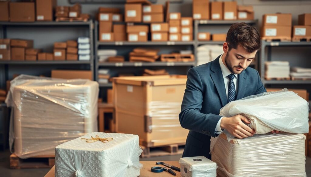 A well-organized workspace showcasing the process of professional protective wrapping and crating services. In the foreground, a skilled package specialist in smart business attire meticulously wraps delicate items with bubble wrap and padding. The middle ground features a sturdy, custom-made crate being constructed, with tools like tape and scissors arranged neatly. In the background, shelves stocked with packing materials and labels clearly displayed, suggest an organized operation. Warm, even lighting highlights the professionalism and attention to detail. The scene is captured from a slightly elevated angle, providing a comprehensive view of the process. The overall atmosphere conveys efficiency, care, and dedication to delivering high-quality packaging solutions. A well-organized workspace showcasing the process of professional protective wrapping and crating services. In the foreground, a skilled package specialist in smart business attire meticulously wraps delicate items with bubble wrap and padding. The middle ground features a sturdy, custom-made crate being constructed, with tools like tape and scissors arranged neatly. In the background, shelves stocked with packing materials and labels clearly displayed, suggest an organized operation. Warm, even lighting highlights the professionalism and attention to detail. The scene is captured from a slightly elevated angle, providing a comprehensive view of the process. The overall atmosphere conveys efficiency, care, and dedication to delivering high-quality packaging solutions.