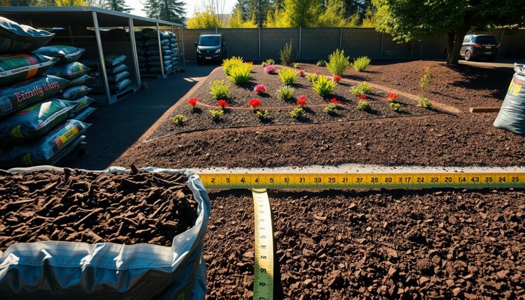 A wide-angle view of a neatly organized outdoor garden supply area showcasing bulk compost and soil deliveries, emphasizing cubic coverage in cubic metres. In the foreground, bags of rich, dark mulch stacked in neat rows, indicating professional landscaping supplies. In the middle ground, a landscape with freshly mulched flower beds and vibrant greenery illustrating coverage depth, with a measuring tape laid across the surface to visualize depth and area. The background features a bright, sunny day casting warm, natural light, enhancing the textures of the mulch and soil while creating soft shadows. The atmosphere should feel inviting and professional, perfect for a gardening supply business, with no people present, ensuring a focus on the landscape and materials. A wide-angle view of a neatly organized outdoor garden supply area showcasing bulk compost and soil deliveries, emphasizing cubic coverage in cubic metres. In the foreground, bags of rich, dark mulch stacked in neat rows, indicating professional landscaping supplies. In the middle ground, a landscape with freshly mulched flower beds and vibrant greenery illustrating coverage depth, with a measuring tape laid across the surface to visualize depth and area. The background features a bright, sunny day casting warm, natural light, enhancing the textures of the mulch and soil while creating soft shadows. The atmosphere should feel inviting and professional, perfect for a gardening supply business, with no people present, ensuring a focus on the landscape and materials.