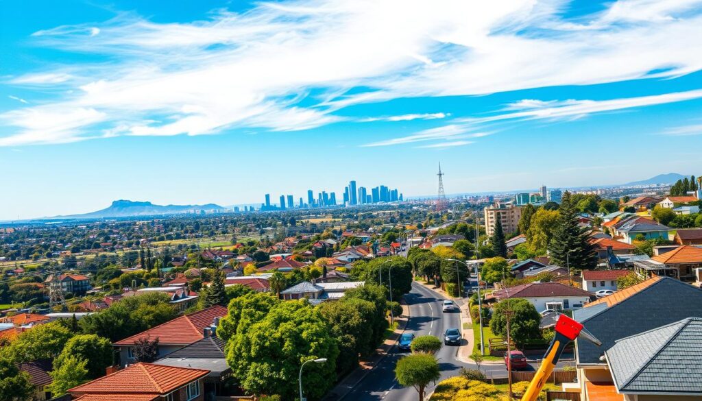 An aerial view of Johannesburg South, showcasing the key neighborhoods serviced by a handyman business. In the foreground, vibrant residential homes with well-maintained gardens and tools prominently displayed, representing handyman services. The middle ground features busy streets bustling with vehicles and pedestrians, highlighting a suburban atmosphere. In the background, recognizable landmarks like the Klipriviersberg Nature Reserve and the iconic Johannesburg skyline under a clear blue sky. The scene is illuminated by warm, natural sunlight, creating a welcoming and professional feel. Capture this from a slightly elevated angle to provide a comprehensive overview of the region while maintaining a clean, uncluttered composition. The overall mood is friendly, reliable, and community-oriented. No text, logos, or watermarks present. An aerial view of Johannesburg South, showcasing the key neighborhoods serviced by a handyman business. In the foreground, vibrant residential homes with well-maintained gardens and tools prominently displayed, representing handyman services. The middle ground features busy streets bustling with vehicles and pedestrians, highlighting a suburban atmosphere. In the background, recognizable landmarks like the Klipriviersberg Nature Reserve and the iconic Johannesburg skyline under a clear blue sky. The scene is illuminated by warm, natural sunlight, creating a welcoming and professional feel. Capture this from a slightly elevated angle to provide a comprehensive overview of the region while maintaining a clean, uncluttered composition. The overall mood is friendly, reliable, and community-oriented. No text, logos, or watermarks present.