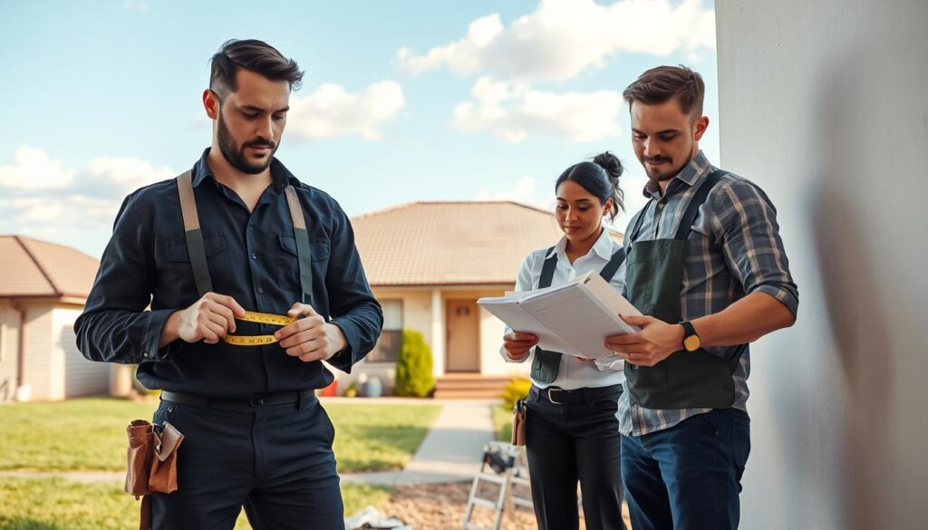 An area repair team of three skilled professionals, wearing professional business attire, is actively engaged in a small home renovation project in Morningside, Sandton. In the foreground, a male carpenter measures wood with a tape measure, while a female electrician inspects electrical wiring. A male painter is seen preparing to paint a wall. The team exudes a sense of collaboration and expertise. In the middle ground, a well-maintained suburban home with a neatly landscaped yard is visible. The background features gentle blue skies with a few fluffy clouds, casting soft natural light over the scene. The overall atmosphere is one of professionalism and dedication to quality work, highlighting local renovation and repair efforts. An area repair team of three skilled professionals, wearing professional business attire, is actively engaged in a small home renovation project in Morningside, Sandton. In the foreground, a male carpenter measures wood with a tape measure, while a female electrician inspects electrical wiring. A male painter is seen preparing to paint a wall. The team exudes a sense of collaboration and expertise. In the middle ground, a well-maintained suburban home with a neatly landscaped yard is visible. The background features gentle blue skies with a few fluffy clouds, casting soft natural light over the scene. The overall atmosphere is one of professionalism and dedication to quality work, highlighting local renovation and repair efforts.