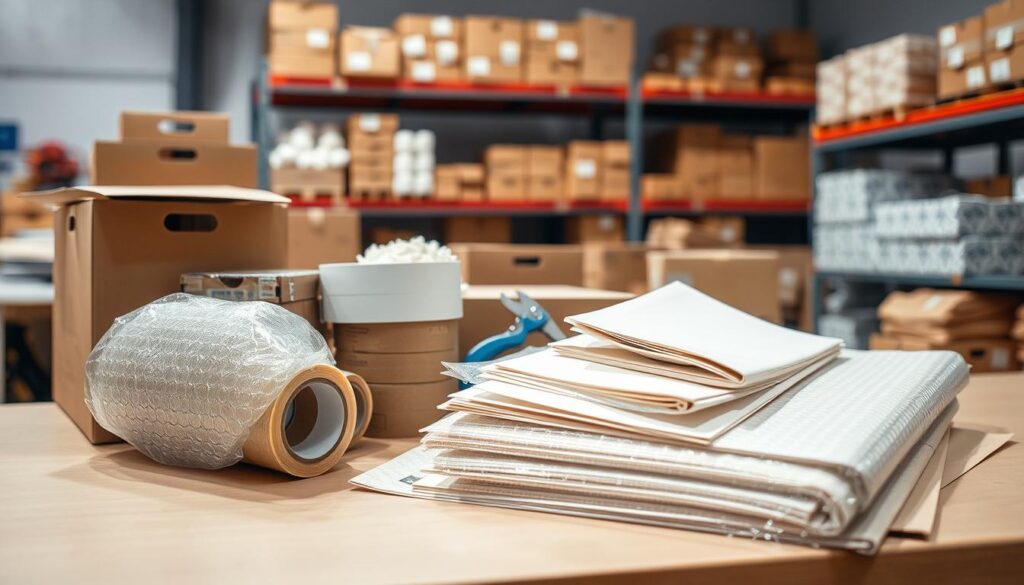 An array of materials and packing supplies arranged on a clean, well-lit workbench. In the foreground, a roll of bubble wrap and several sheets of sturdy cardboard are prominently displayed, showcasing their protective qualities. The middle layer features rolls of packing tape, a box cutter, and a stack of padded envelopes, all meticulously organized to illustrate efficiency. In the background, a neat warehouse shelf holds various boxes and packing peanuts, hinting at a busy operational environment. The lighting is bright and soft, casting gentle shadows to enhance textures, with a shallow depth of field focusing on the packing supplies. The atmosphere conveys professionalism and reliability, emphasizing high-quality materials used to reduce damage risk in transportation. An array of materials and packing supplies arranged on a clean, well-lit workbench. In the foreground, a roll of bubble wrap and several sheets of sturdy cardboard are prominently displayed, showcasing their protective qualities. The middle layer features rolls of packing tape, a box cutter, and a stack of padded envelopes, all meticulously organized to illustrate efficiency. In the background, a neat warehouse shelf holds various boxes and packing peanuts, hinting at a busy operational environment. The lighting is bright and soft, casting gentle shadows to enhance textures, with a shallow depth of field focusing on the packing supplies. The atmosphere conveys professionalism and reliability, emphasizing high-quality materials used to reduce damage risk in transportation.