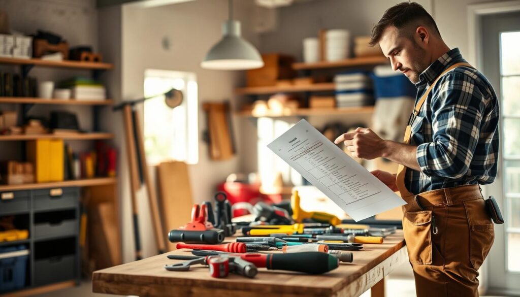 An engaging scene showcasing a quality repair service in action. In the foreground, a skilled handyman in professional attire, wearing a tool belt, reviews a maintenance checklist while examining a well-kept home. The middle ground features a variety of tools neatly arranged on a workbench, conveying preparedness and expertise. The background depicts a bright, well-lit workshop with shelves of neatly organized supplies and tools, creating an atmosphere of efficiency and reliability. Soft, natural lighting filters through a window, casting gentle shadows and enhancing the professional ambiance. The overall mood is one of confidence and competence, emphasizing the commitment to delivering quality workmanship on time, without stress. An engaging scene showcasing a quality repair service in action. In the foreground, a skilled handyman in professional attire, wearing a tool belt, reviews a maintenance checklist while examining a well-kept home. The middle ground features a variety of tools neatly arranged on a workbench, conveying preparedness and expertise. The background depicts a bright, well-lit workshop with shelves of neatly organized supplies and tools, creating an atmosphere of efficiency and reliability. Soft, natural lighting filters through a window, casting gentle shadows and enhancing the professional ambiance. The overall mood is one of confidence and competence, emphasizing the commitment to delivering quality workmanship on time, without stress.