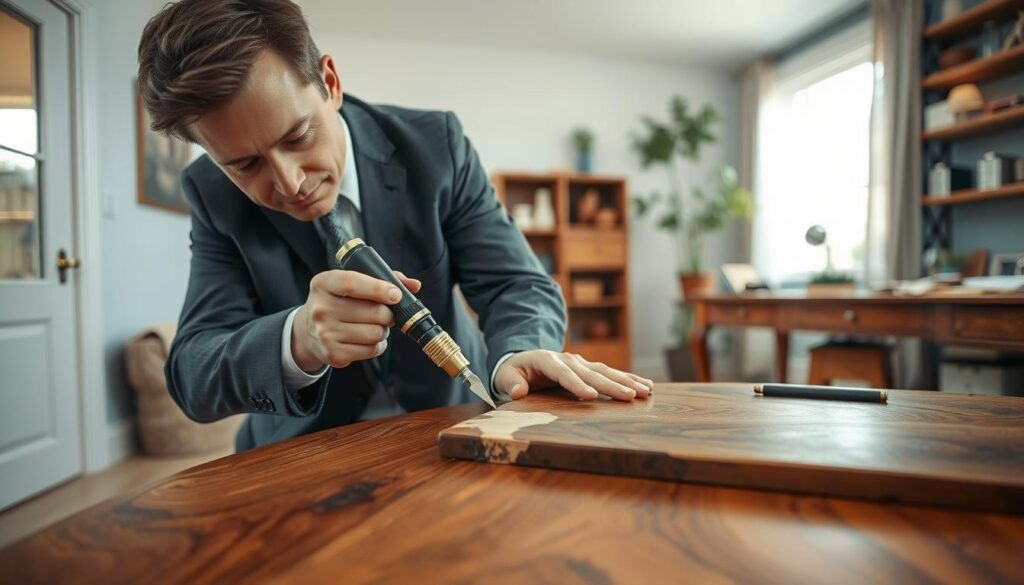 An experienced wood veneer repair expert, dressed in smart business attire, is seen carefully working on a piece of vintage furniture in a modern, well-lit living room setting. In the foreground, the expert is holding a specialized veneer repair tool, focusing intently on applying a fresh layer of veneer to a chipped section of a wooden table. The middle ground features the table, showcasing rich wood grains and the contrast between repaired and original veneer. In the background, soft natural light filters through a nearby window, illuminating tools and materials neatly arranged on a workbench. The atmosphere is professional and calm, reflecting the precision and care involved in on-site veneer repairs. The shot is taken from a slightly low angle to emphasize the craftsmanship. An experienced wood veneer repair expert, dressed in smart business attire, is seen carefully working on a piece of vintage furniture in a modern, well-lit living room setting. In the foreground, the expert is holding a specialized veneer repair tool, focusing intently on applying a fresh layer of veneer to a chipped section of a wooden table. The middle ground features the table, showcasing rich wood grains and the contrast between repaired and original veneer. In the background, soft natural light filters through a nearby window, illuminating tools and materials neatly arranged on a workbench. The atmosphere is professional and calm, reflecting the precision and care involved in on-site veneer repairs. The shot is taken from a slightly low angle to emphasize the craftsmanship.