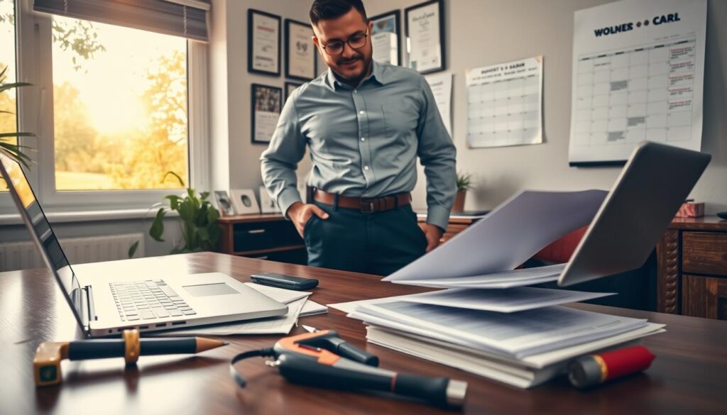 In a cozy, well-lit office setting, a professional handyman in a button-up shirt and tool belt is reviewing a stack of quotes and scheduling documents on a polished wooden desk. The foreground features a laptop opened to a scheduling app, surrounded by tools like a hammer, tape measure, and notepad, signifying readiness for urgent repairs. The middle layer captures a wall adorned with certificates and a calendar highlighting urgent tasks for the Woodmead area. In the background, a window reveals a glimpse of the suburb's greenery, enhanced by soft, golden hour sunlight streaming in, creating a warm and inviting atmosphere. The overall mood conveys professionalism, reliability, and a sense of urgency for home and office repair needs. In a cozy, well-lit office setting, a professional handyman in a button-up shirt and tool belt is reviewing a stack of quotes and scheduling documents on a polished wooden desk. The foreground features a laptop opened to a scheduling app, surrounded by tools like a hammer, tape measure, and notepad, signifying readiness for urgent repairs. The middle layer captures a wall adorned with certificates and a calendar highlighting urgent tasks for the Woodmead area. In the background, a window reveals a glimpse of the suburb's greenery, enhanced by soft, golden hour sunlight streaming in, creating a warm and inviting atmosphere. The overall mood conveys professionalism, reliability, and a sense of urgency for home and office repair needs.