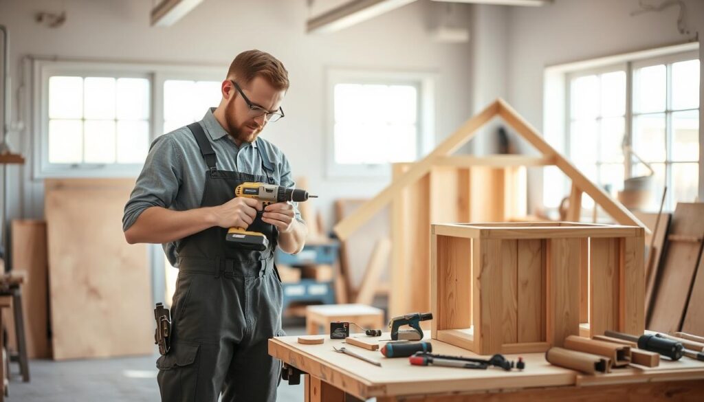 In a well-lit, tidy workshop setting, a professional handyman is focused on completing high-quality work. In the foreground, the handyman, dressed in neat, modest work attire, is using a power drill on a custom wood project. Tools and materials are organized on a nearby workbench, showcasing their precision and care. The middle ground features a partially finished wooden structure, emphasizing craftsmanship and attention to detail. In the background, soft natural light filters through large windows, creating a warm and inviting atmosphere that conveys trust and reliability. The overall mood is one of professionalism, showcasing skilled workmanship and a commitment to quality that inspires confidence. In a well-lit, tidy workshop setting, a professional handyman is focused on completing high-quality work. In the foreground, the handyman, dressed in neat, modest work attire, is using a power drill on a custom wood project. Tools and materials are organized on a nearby workbench, showcasing their precision and care. The middle ground features a partially finished wooden structure, emphasizing craftsmanship and attention to detail. In the background, soft natural light filters through large windows, creating a warm and inviting atmosphere that conveys trust and reliability. The overall mood is one of professionalism, showcasing skilled workmanship and a commitment to quality that inspires confidence.