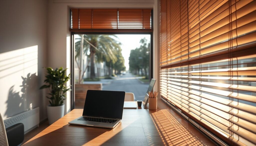 Sunlight streaming through partially closed wooden blinds in a modern office setting. The foreground features the elegant texture of the blinds, showcasing their slats reflecting warm sunlight, creating gentle shadows on a sleek wooden desk. In the middle ground, a well-organized workspace includes a laptop, potted plant, and office supplies, indicating a professional atmosphere. The background portrays a quiet suburban street in Pretoria lined with trees, hinting at the area's charm. The scene is bright and inviting, capturing the essence of daily life in homes and offices around Menlyn, Lynnwood, and Centurion. The lighting is natural, enhancing colors and details, while the angle is slightly tilted for a dynamic perspective, evoking a sense of warmth and productivity. Sunlight streaming through partially closed wooden blinds in a modern office setting. The foreground features the elegant texture of the blinds, showcasing their slats reflecting warm sunlight, creating gentle shadows on a sleek wooden desk. In the middle ground, a well-organized workspace includes a laptop, potted plant, and office supplies, indicating a professional atmosphere. The background portrays a quiet suburban street in Pretoria lined with trees, hinting at the area's charm. The scene is bright and inviting, capturing the essence of daily life in homes and offices around Menlyn, Lynnwood, and Centurion. The lighting is natural, enhancing colors and details, while the angle is slightly tilted for a dynamic perspective, evoking a sense of warmth and productivity.